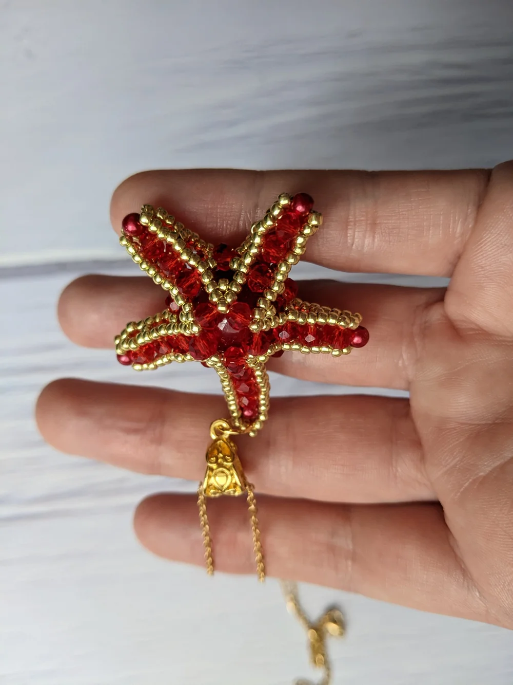 Gold Starfish Pendant Necklace with Red Crystal Accents - Women Jewelry